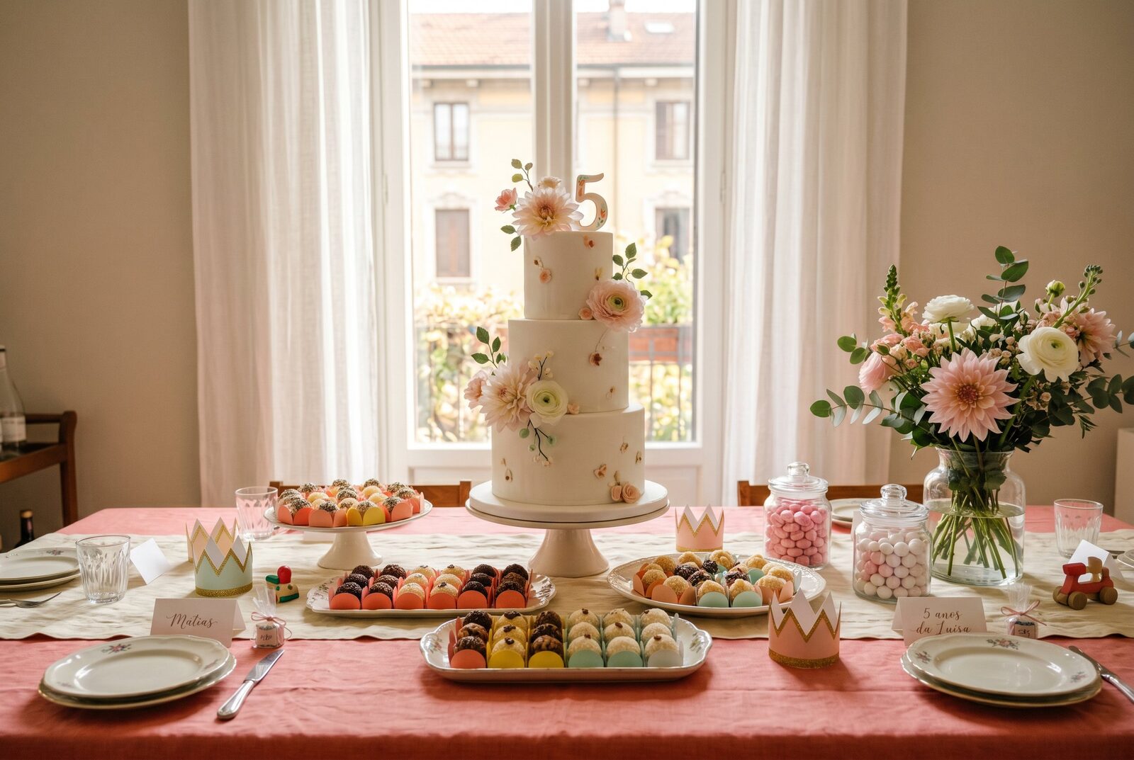 Tavolo di compleanno allestito con torta a piani